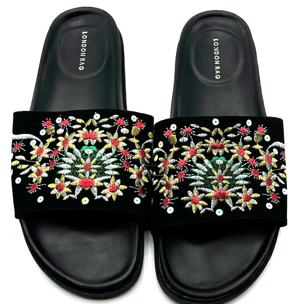 LONDON RAG Women's size 10 Arielle Floral Embroidered Sandals Slides Vegan Boho